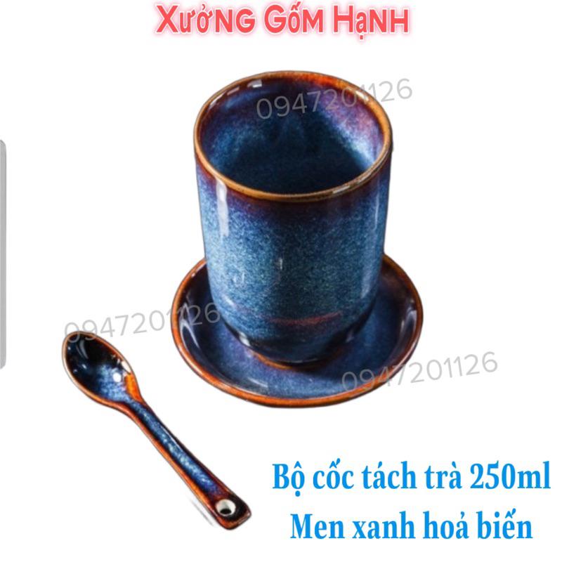 Bộ Cốc Trà 250ml Men Xanh Hoả Biến - Cốc tách uống trà xanh màu hoả biến - Gốm Sứ Cao Cấp Bát Tràng