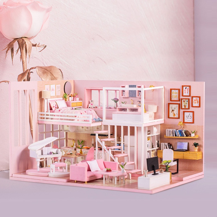 Mô hình nhà DIY Doll House Dream Girl Heart Kèm Hộp nhạc và Mica Chống bụi