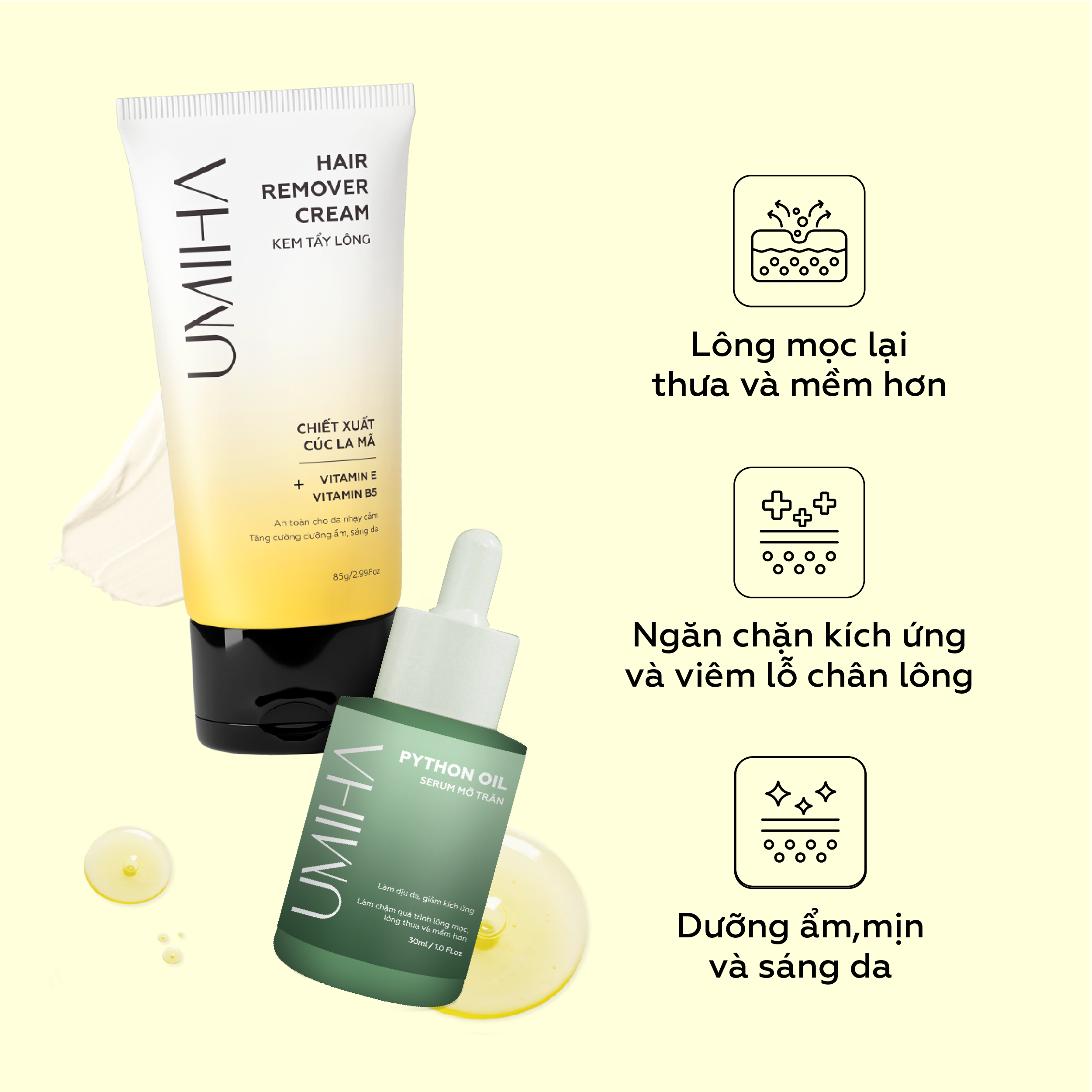 Combo tẩy triệt lông Bikini vĩnh viễn UMIHA tại nhà | Mỡ trăn triệt lông vĩnh viễn U Minh Hạ (30ml) &amp; Kem tẩy lông UMIHA (85g) an toàn cho da nhạy cảm