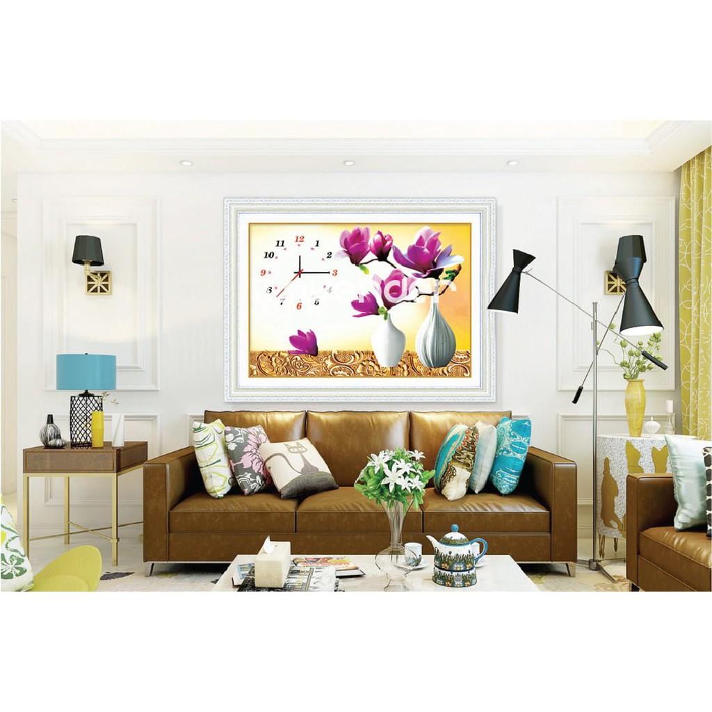 Tranh thêu bình hoa ngọc lan đồng hồ LV3040 - kích thước: 58 * 43cm.