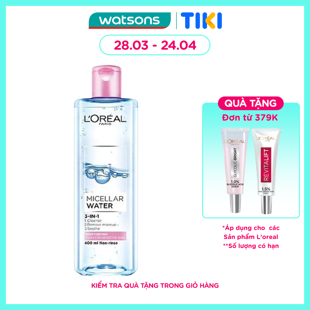 Tẩy Trang L'Oreal Paris Skincare Make Up Remover Micellar Sensitive Skin Dưỡng Ẩm 400ml