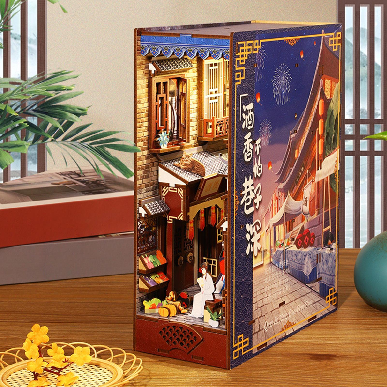 3D Wooden Puzzle Bookend Stand Kit ,DIY Model Miniature Dollhouse Kit unassembled with LED Bookshelf Insert for Gift Boys