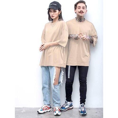 Áo Thun Tay Lỡ Lửng Vải Cotton Dày Đẹp Màu Be Nam Nữ Free Size