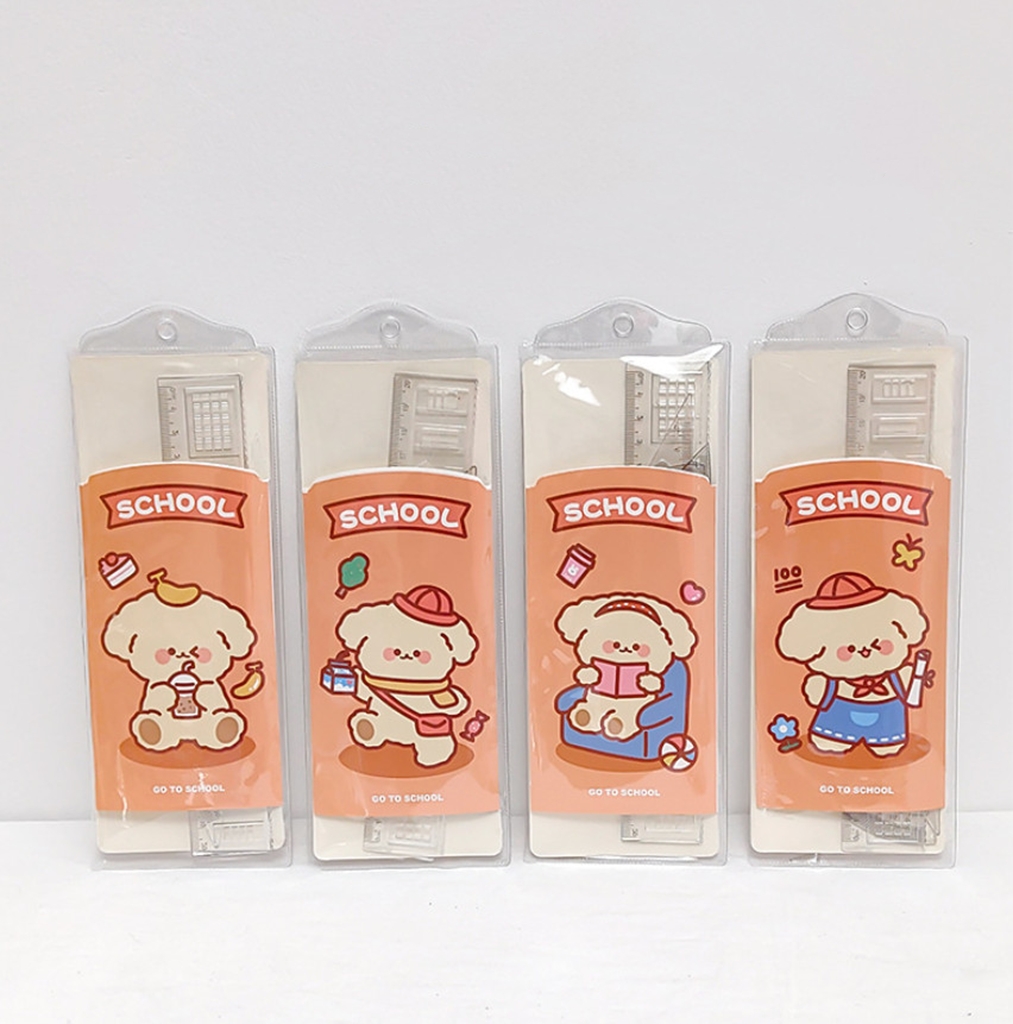 Bộ thước kẻ eke cute 4 món đa năng giá rẻ cho học sinh học tập tặng kèm bao đựng con vật đáng yêu