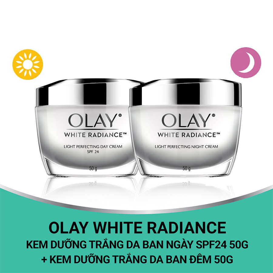 Bộ Đôi Olay Olay Dưỡng Trắng &amp; Cấp Ẩm (Kem Dưỡng Ban Ngày Olay White Radiance 50g + Kem Dưỡng Ban Đêm Olay White Radiance 50g)  [Tặng Bông Tẩy Trang Silcot]