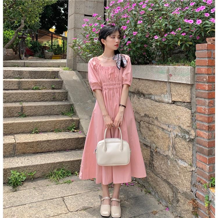 Đầm Dài Midi Cổ Vuông Bo Nhún Tay Ulzzang
