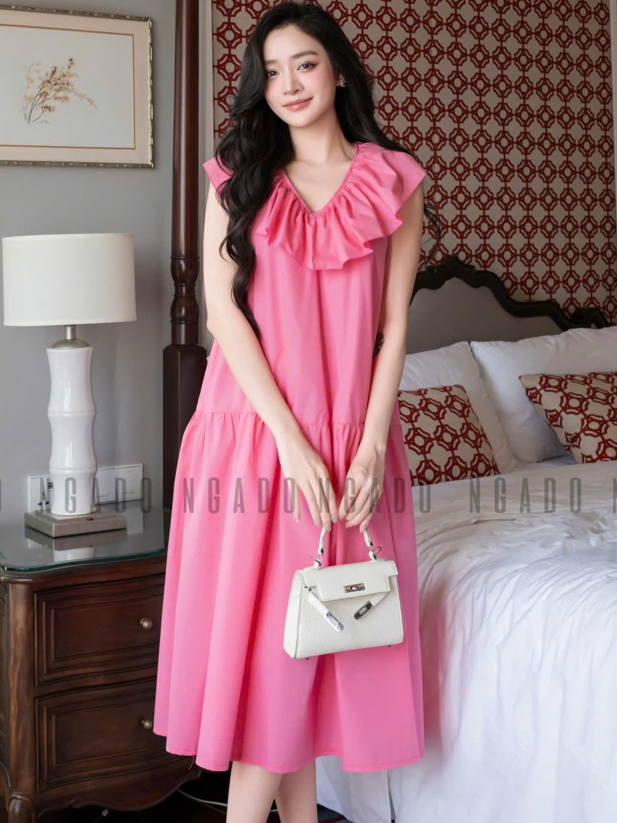 Đầm hồng cổ nhún NGADO , đầm dáng babydoll , đầm dài