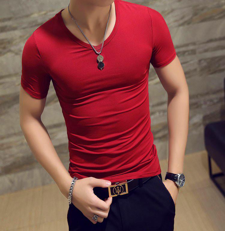 Áo phông nam cộc tay cổ tim chất vải cotton thun lạnh dáng body thấm hút mồ hôi tốt