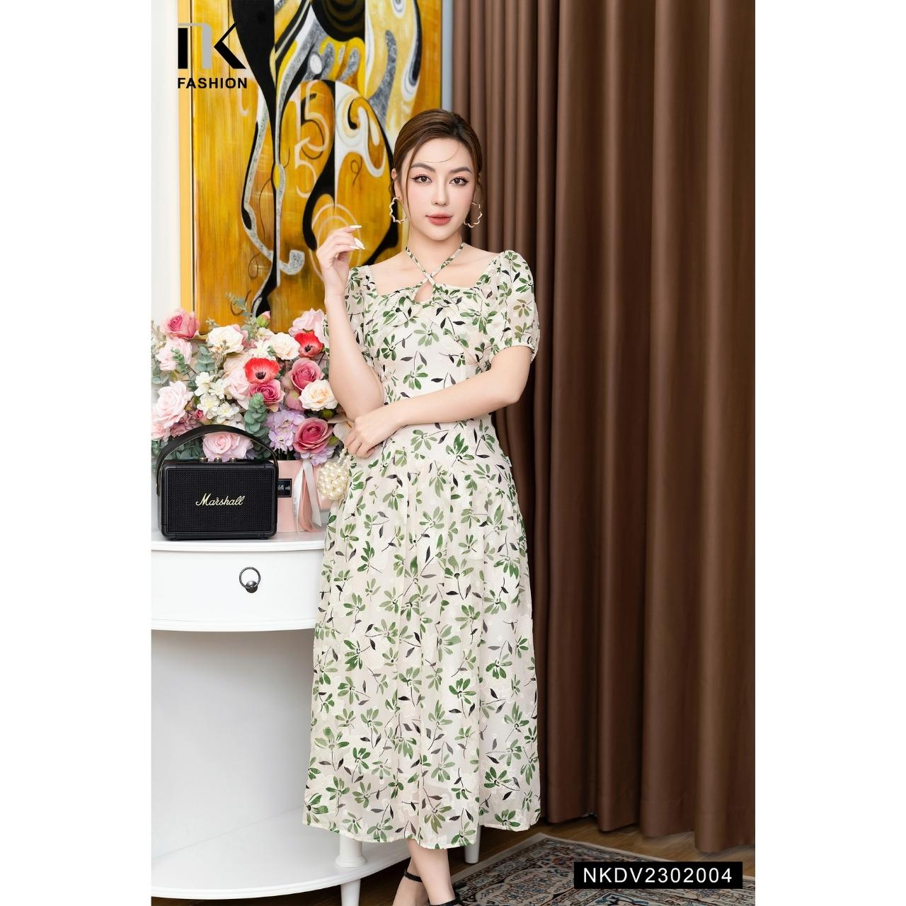 Đầm Maxi Hoa NK FASHION Thiết Kế Cổ Buộc Yếm Điệu Đà Thanh Lịch, Chất Vải Nhập Hàn Cao Cấp NKDV2302004