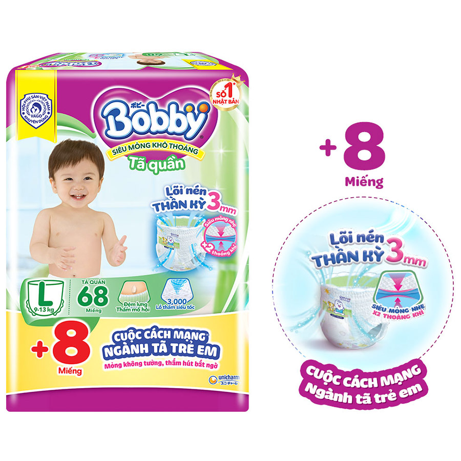 Tã quần Bobby mới L68 - Lõi nén thần kì 3mm - Siêu mỏng khô thoáng bất ngờ - Tặng thêm 8 miếng