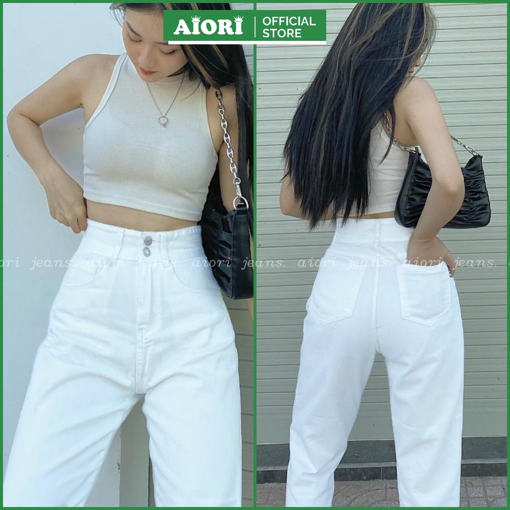 Quần Jean Nữ AIORI Lưng Cao 2 Nút Baggy Bò Trơn Màu Trắng Phong Cách Thời Trang_Mã B018 - S