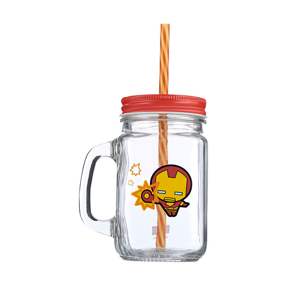 Cốc thuỷ tinh Miniso Jar Mug có nắp đậy kèm ống hút 470ml - Hàng chính hãng