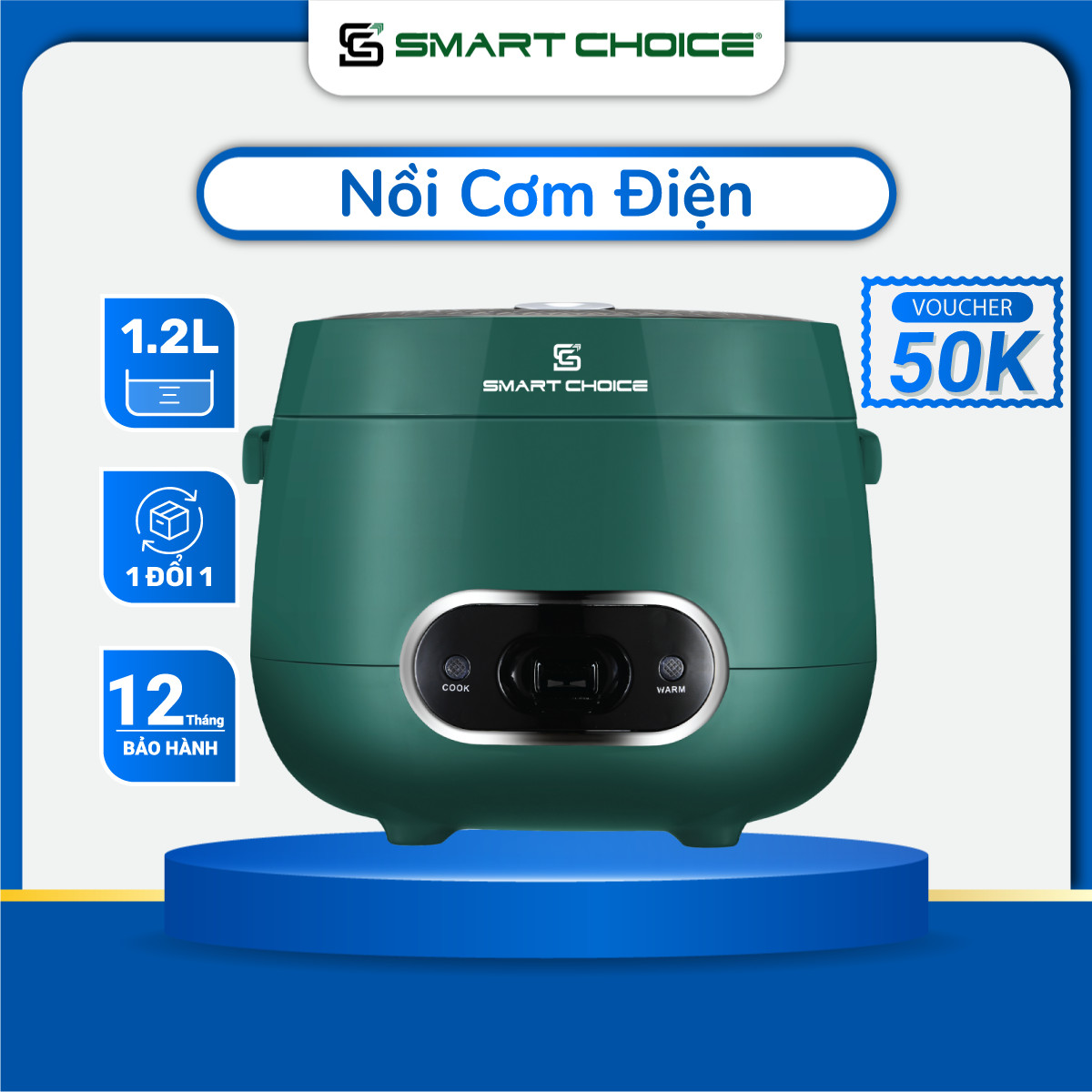 Nồi Cơm Điện Mini 1.2L SMARTCHOICE SCG-RC3001 Lòng Nồi Phủ Ceramic Chống Dính Cao Cấp, Nồi Cơm Điện Cơ Có Quay Xách Dùng Cho 1-3 Người Ăn, Nấu Chín Nhanh, Giữ Ấm Lâu - Hàng Chính Hãng