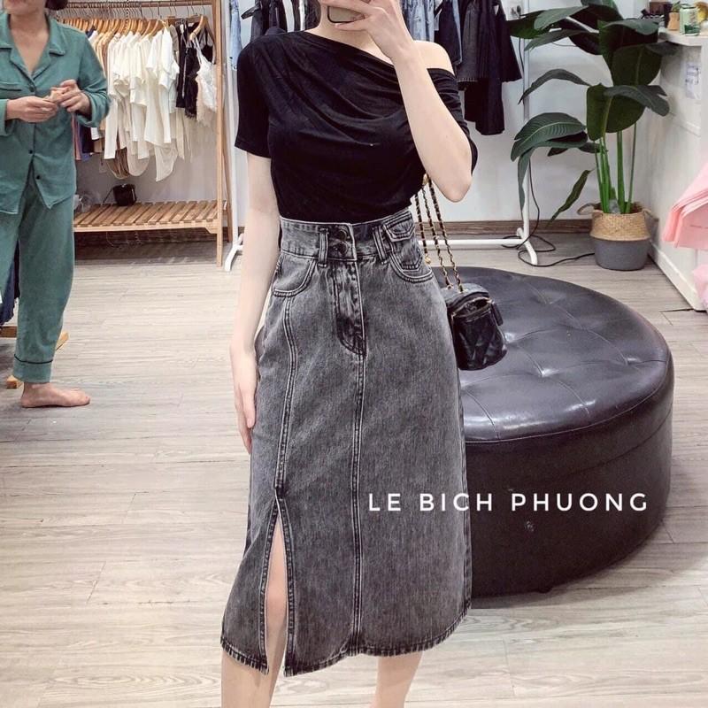 Chân váy Jean xẻ lệch cạp cao tôn dáng