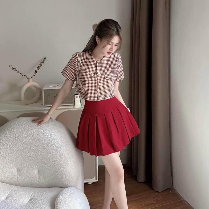 SÉT CHÂN VÁY PHỐI ÁO BỐ KIM CROPTOP TAY NGẮN NHIỀU MÀU