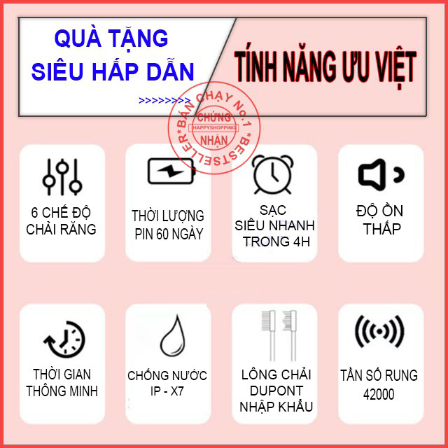 Bàn chải điện tự động đánh răng Sonic X7 KÈM 3 ĐẦU BÀN CHẢI - Công nghệ sạc 1 lần dùng 1 tháng - Phù hợp mọi lứa tuổi từ trẻ em đến người cao tuổi , an toàn bảo vệ nướu