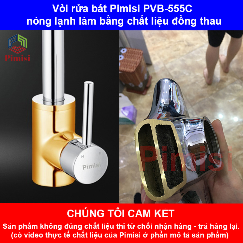 Vòi rửa bát nóng lạnh Pimisi đồng thau mạ xi Cr/Ni sáng bóng kiểu tròn điều chỉnh nhiệt độ bằng tay gật gù - kèm 2 sợi dây cấp nước dùng cho chậu rửa bát 1-2-3 hố trong nhà bếp - vòi nước rửa chén gắn chậu âm dương bàn đá quay 360 độ tăng áp | Chính hãng