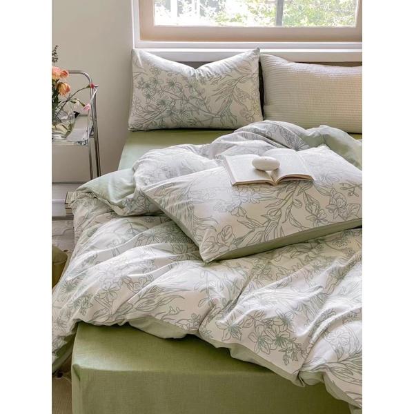 Bộ Chăn Ga Gối Cotton Living Hàng Nhập Khẩu Cao Cấp 4 Món Hoa Xinh Xanh Mát