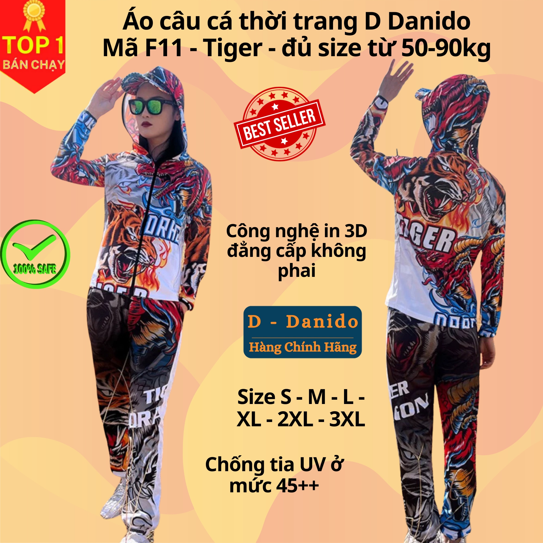 Áo câu cá thời trang chống nắng F11 Tiger đủ size từ 50-85kg - Áo đi câu chất liệu chống tia UV cao cấp D Danido