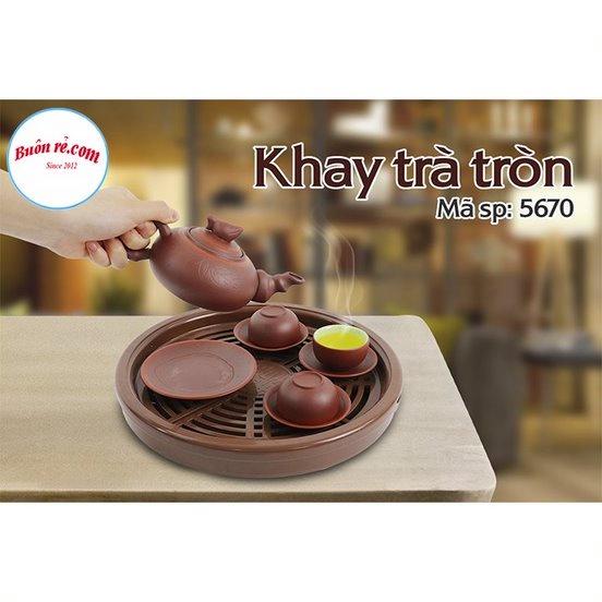 Khay trà tròn giả gỗ chất liệu nhựa Việt Nhật - Khay đựng ấm chén sang trọng dễ tháo rời, cọ rửa