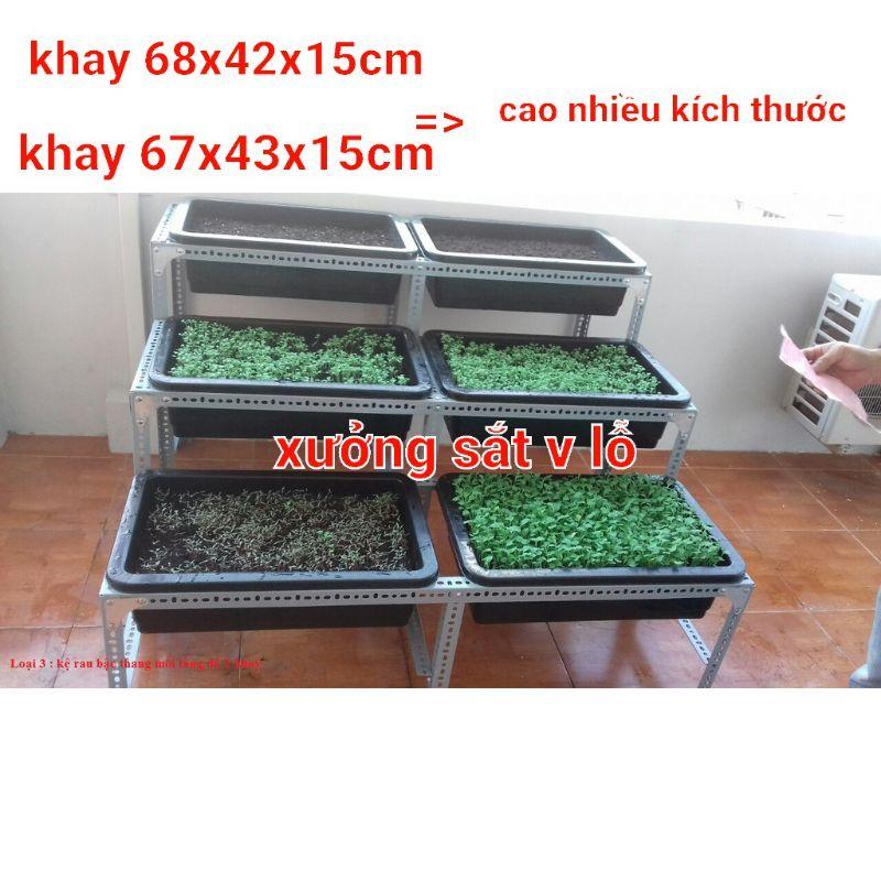 Kệ khung sắt bậc thang trồng rau 3 tầng.Mỗi tầng 2 khay (kích thước khay 67x43x15cm)