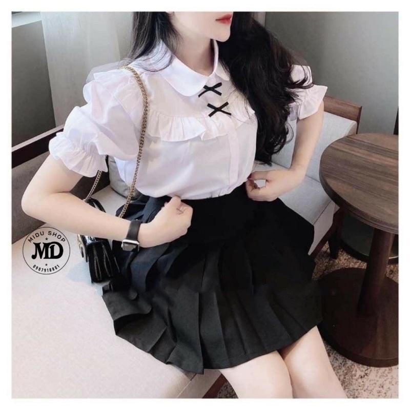 Áo sơ mi trắng nơ, vải kate, tay ngắn phồng nhúng nhẹ, từ 45-55kg