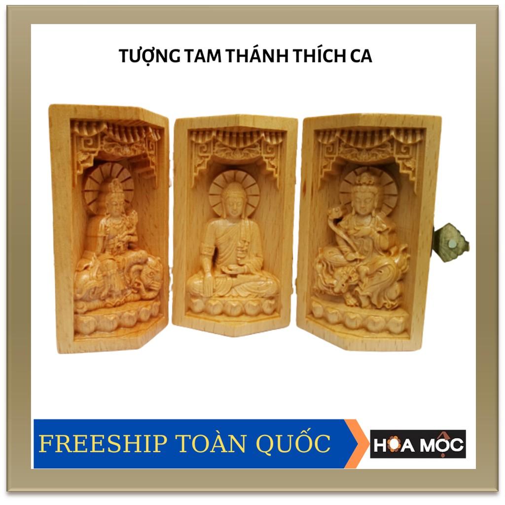 Hộp Tượng Phật Thích Ca – Văn Thù Bồ Tát - Phổ Hiền Bồ Tát . Điêu Khắc Bằng Chất Liệu Gỗ, Tượng nhỏ trang trí, Quà tặng