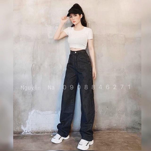 QUẦN JEANS ỐNG RỘNG CẠP CAO DÁNG DÀI CHẤM GÓT- ảnh thật shop chụp