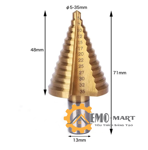 ️ ️ Mũi khoan tháp ️ Thép HSS siêu cứng phủ titanium bạc - Bước mũi khoan từ 6 đến 60mm - Trục 12mm