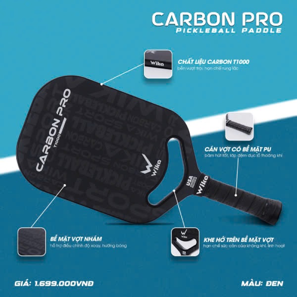 Vợt Pickleball Wi-ka Carbon Pro mầu đen T1000 - Khe hở kim cương tối đa trọng lượng, kiểm soát bóng tốt