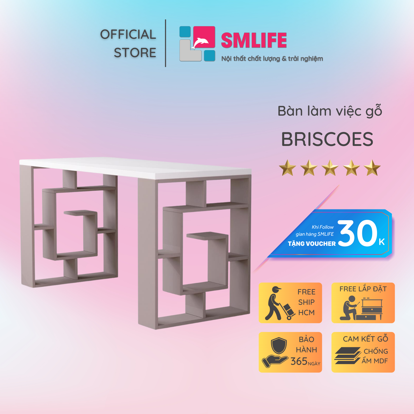 Bàn gỗ làm việc hiện đại SMLIFE Briscoes | Gỗ MDF dày 17mm chống ẩm | D140xR60xC75cm