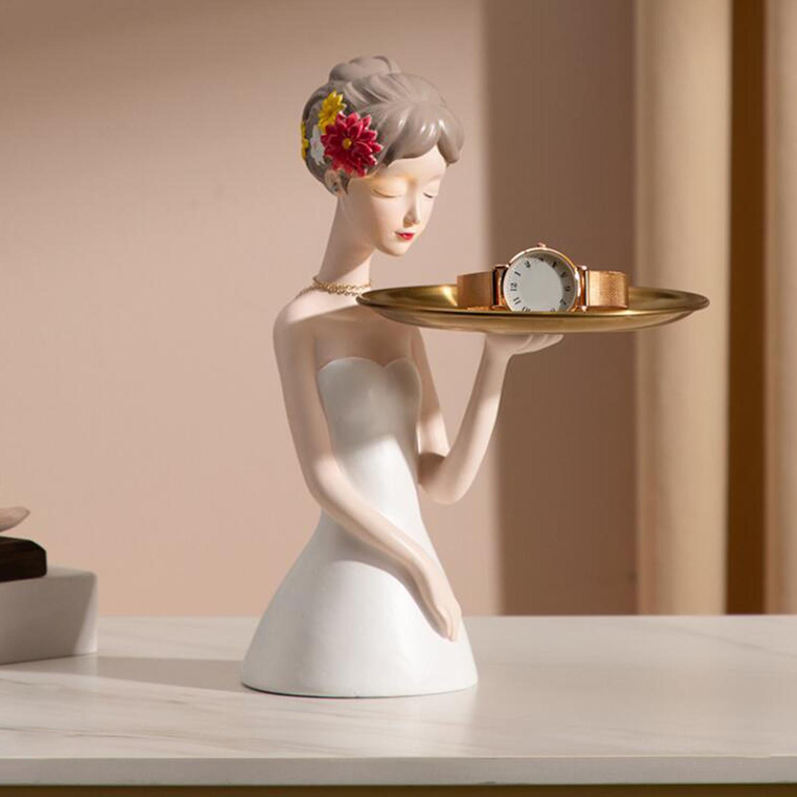 Resin Girl Statue Holding Storage Tray Table Desk Decor Sculpture