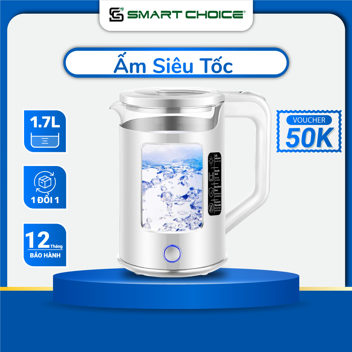 Ấm Siêu Tốc 1.7L SMARTCHOICE SCG-K001, Ấm Đun Siêu Tốc Chịu Lực, Chịu Nhiệt Tốt, Inox 304 An Toàn Cho Sức Khỏe - Hàng Chính Hãng