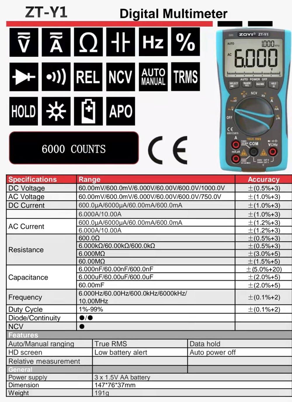 Đồng hồ vạn năng Zoyi ZT-Y1 kỹ thuật số, màn hình True-RMS Analog, máy đo dòng điện, vôn kế, tụ điện, nhiệt độ - Hàng chính hãng