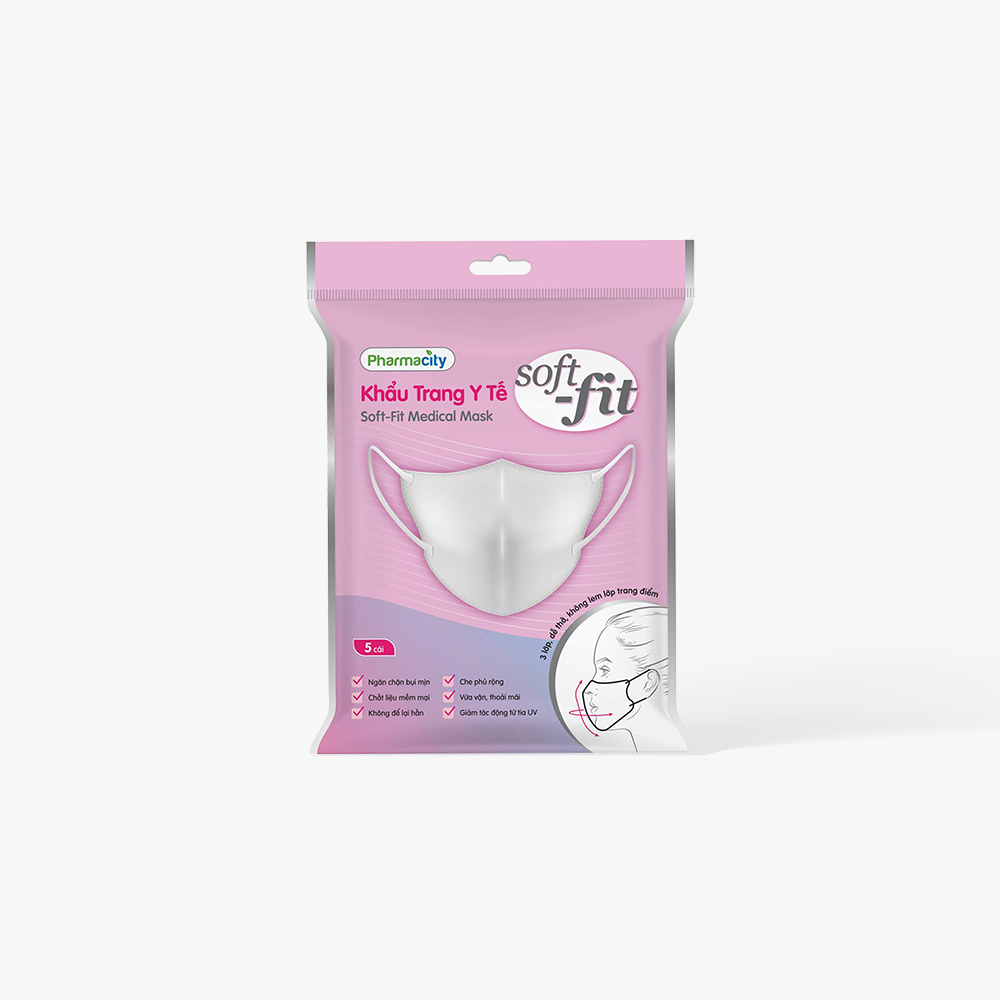 Khẩu trang y tế Pharmacity Soft-fit màu trắng (Gói 5 cái)