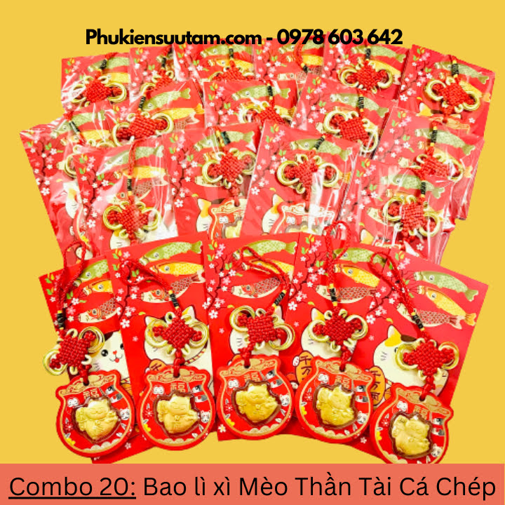 Combo 20 Bao Lì Xì Mèo Thần Tài Cá Chép, kích thước: 17cmx9cm, màu đỏ - SP005936