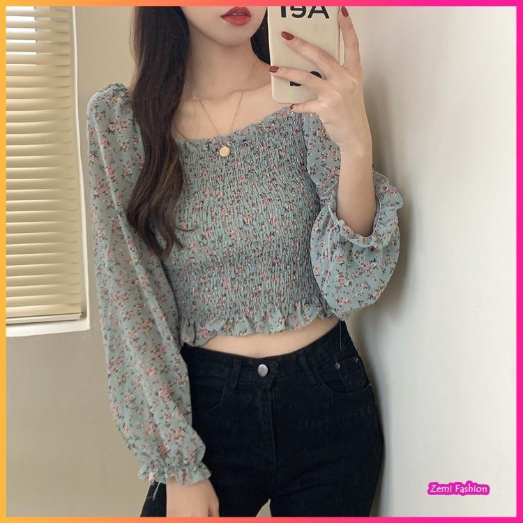 Áo Sơ Mi Nữ Croptop Chất Voan Chiffon Hoạ Tiết Hoa Nhí Ulzzang