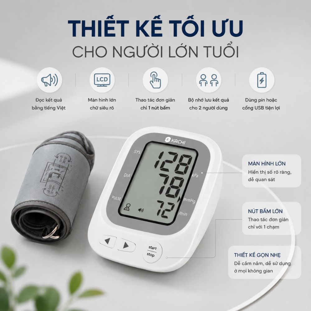 Máy đo huyết áp bắp tay Kachi JN-163B có trợ lý đọc kết quả tiếng Việt hỗ trợ người cao tuổi mắt kém - Hàng chính hãng
