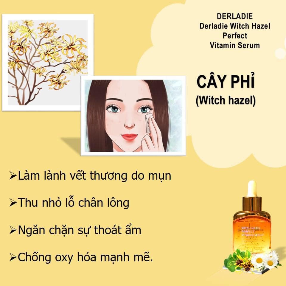 Serum Giảm Mụn Chiết Xuất Cây Phỉ Derladie Witch Hazel Perfect Vitamin Serum 35ml + Tặng 1 mặt nạ sủi bọt Su:m 37 Đen