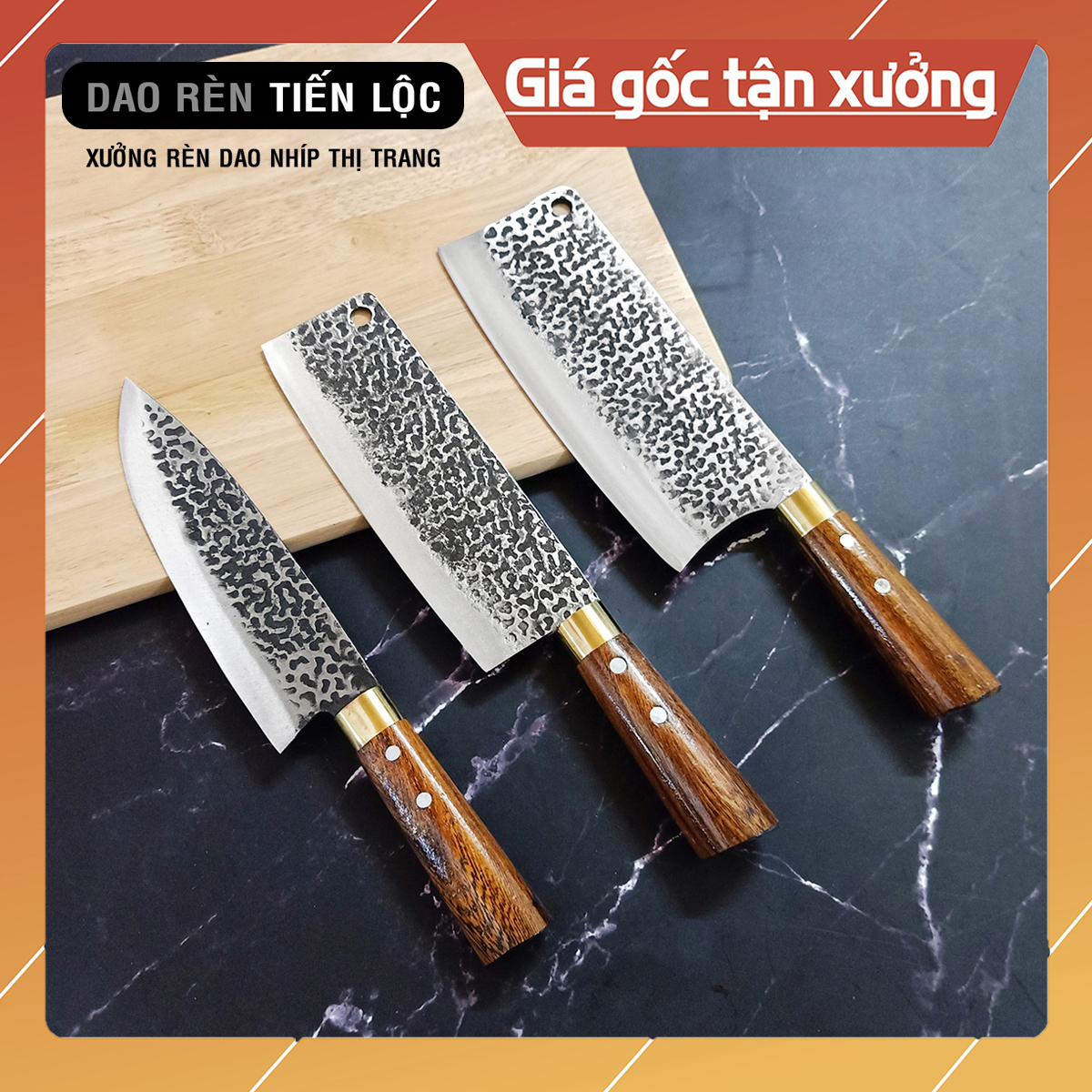 Bộ 3 Dao Nhà Bếp Rèn Từ Thép Nhíp Dập Vân 2 Mặt - Cán Cẩm Chỉ Cao Cấp