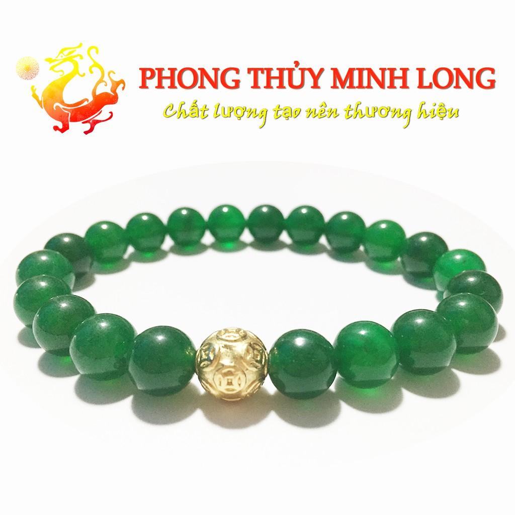 Vòng tay đá Mã Não Xanh 3A mix 1 hạt kim tiền Vàng hợp mệnh Hỏa và Mộc