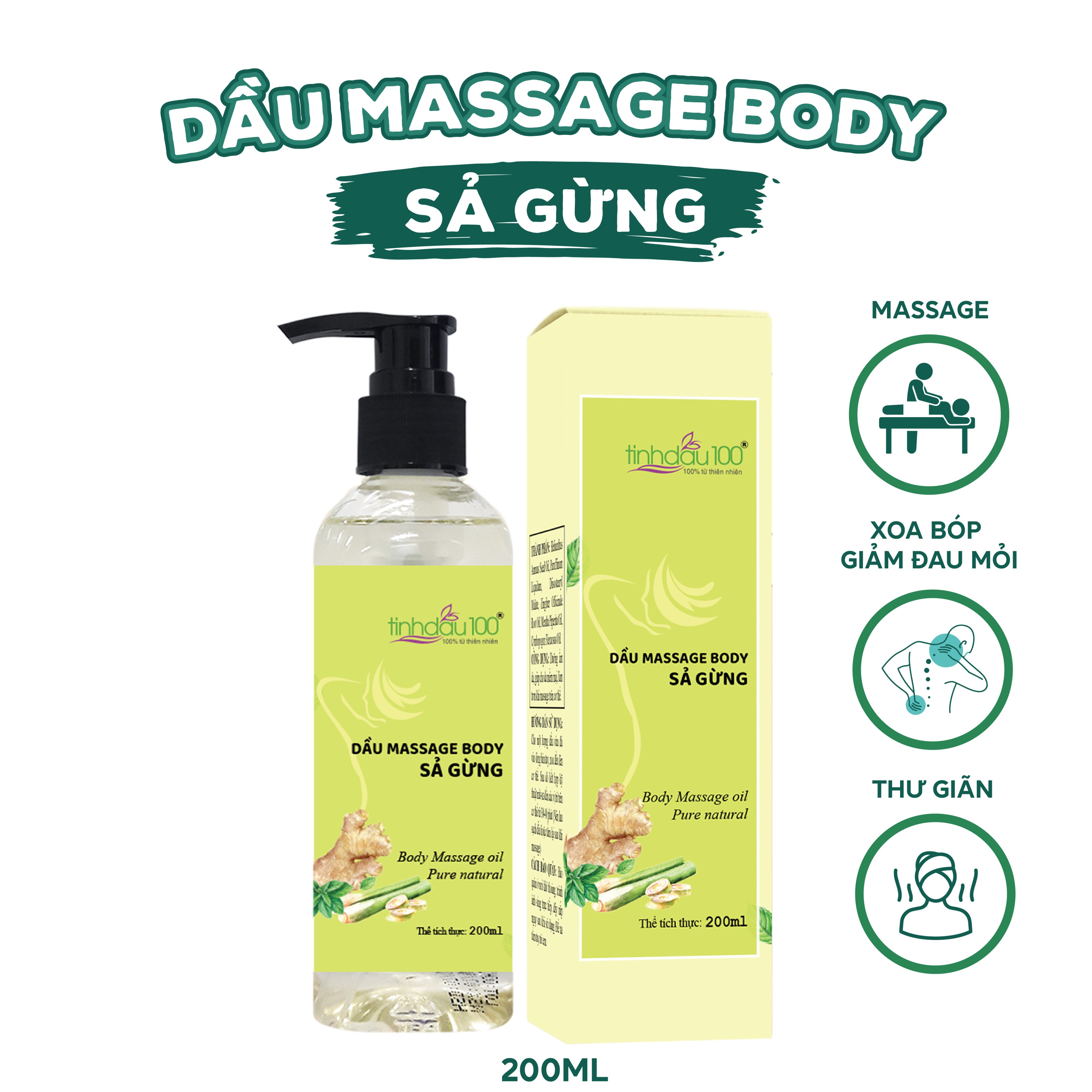 Dầu massage body Sả Gừng giảm cảm giác mệt mỏi vai gáy, lưng, đầu gối Tinh Dầu 100 200ml