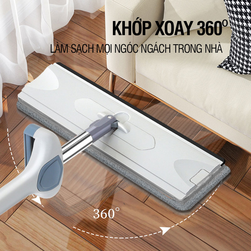 Cây lau nhà tự vắt Kitimop-XPRO bàn lau lớn 42cm, con lăn trợ lực, thanh thép không gỉ, khớp xoay 360 độ, 2 bông lau