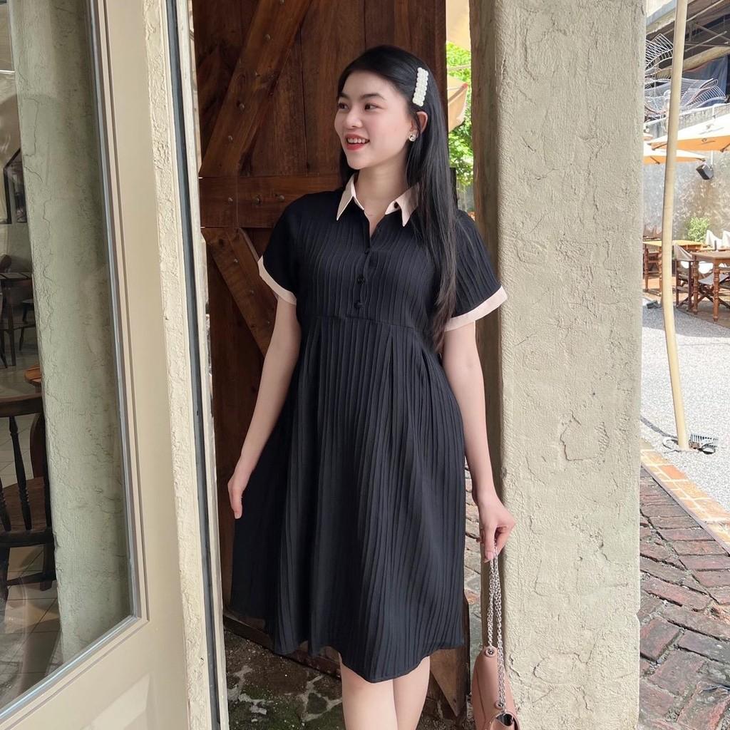 Đầm bầu babydoll đũi gân cổ sơ mi thanh lịch, phối màu bầu diện dễ thương - Đen