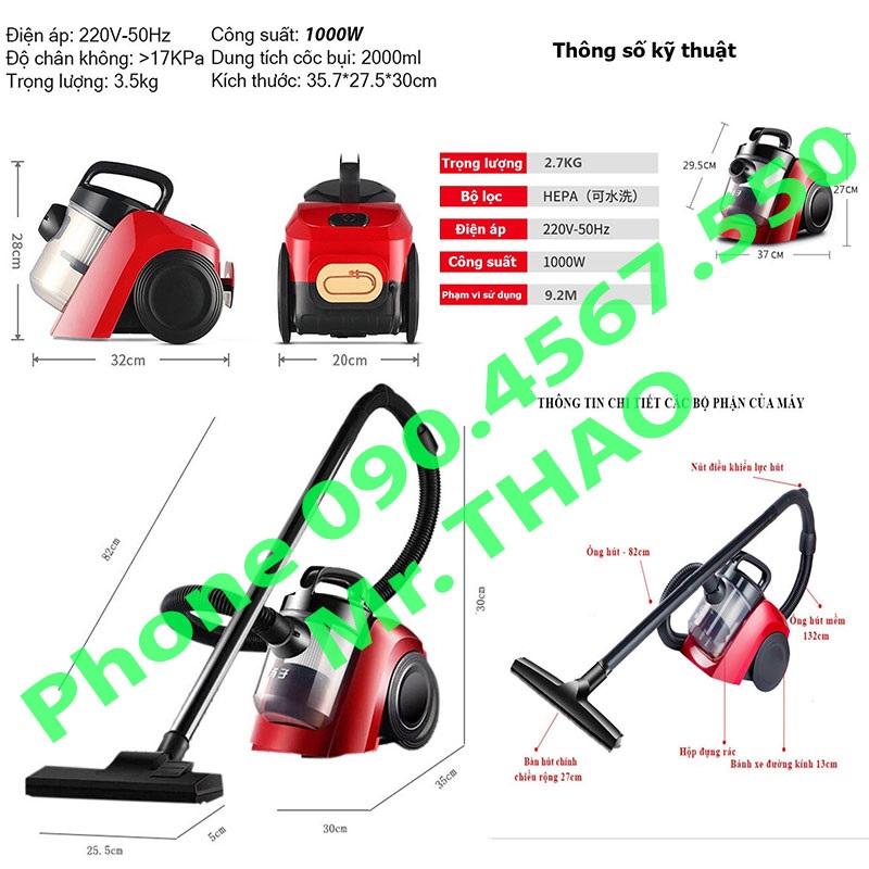 Máy hút bụi công suất 1000W lực hút cực khỏe , Máy Hút Bụi Gia Đình 17000 Pa