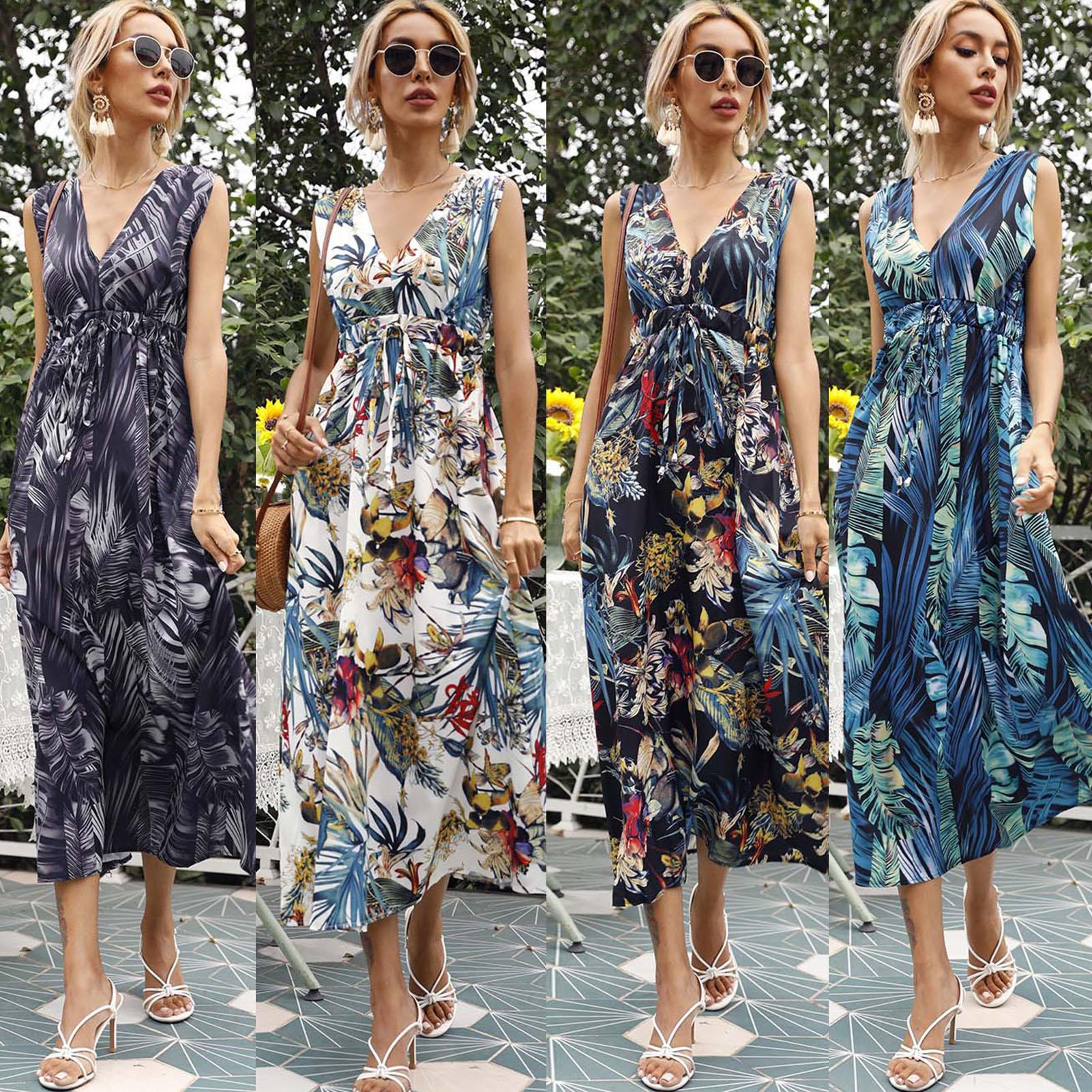 Women Dress Backless Floral Print Tie Waist Empire Dress V Neck Sleeveless Summer Long Maxi Dress