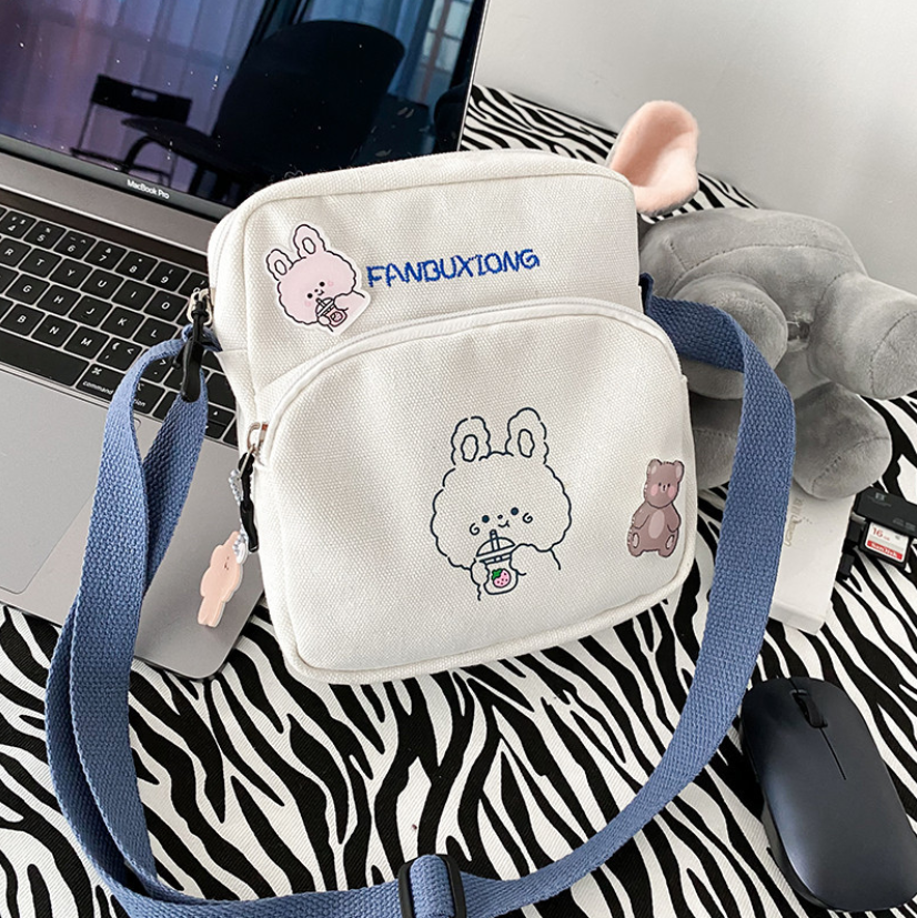 Túi chéo nữ mini vải canvas gấu thỏ trà sữa cute thời trang teen giá rẻ