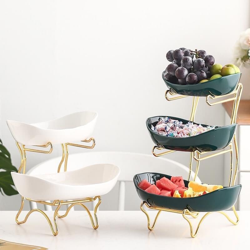 KHAY ĐỰNG SALAD, BÁNH KẸO HOA QUẢ 3 TẦNG BẰNG SỨ KHUNG KIM LOẠI MẠ VÀNG CAO CẤP - VD154