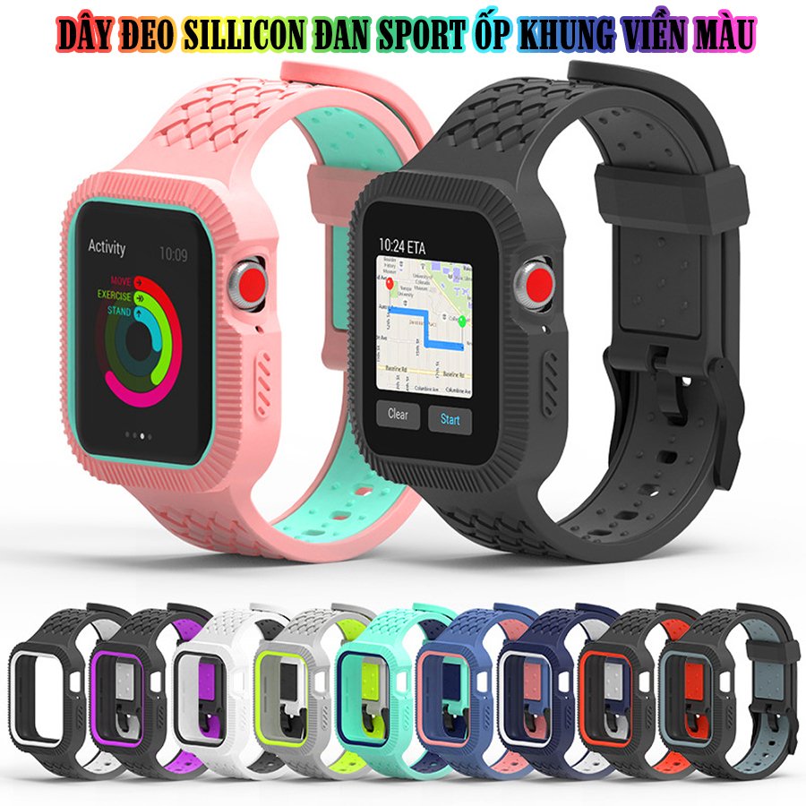 Mua Dây Đeo Apple Watch Tặng Miếng Dán Cường Lực Apple Watch Series Se/6/5/4/3/2/1 - Dây Đeo Apple Watch sillicon đan Sport liền ốp khung viền màu size 38/40/42/44mm - đủ màu