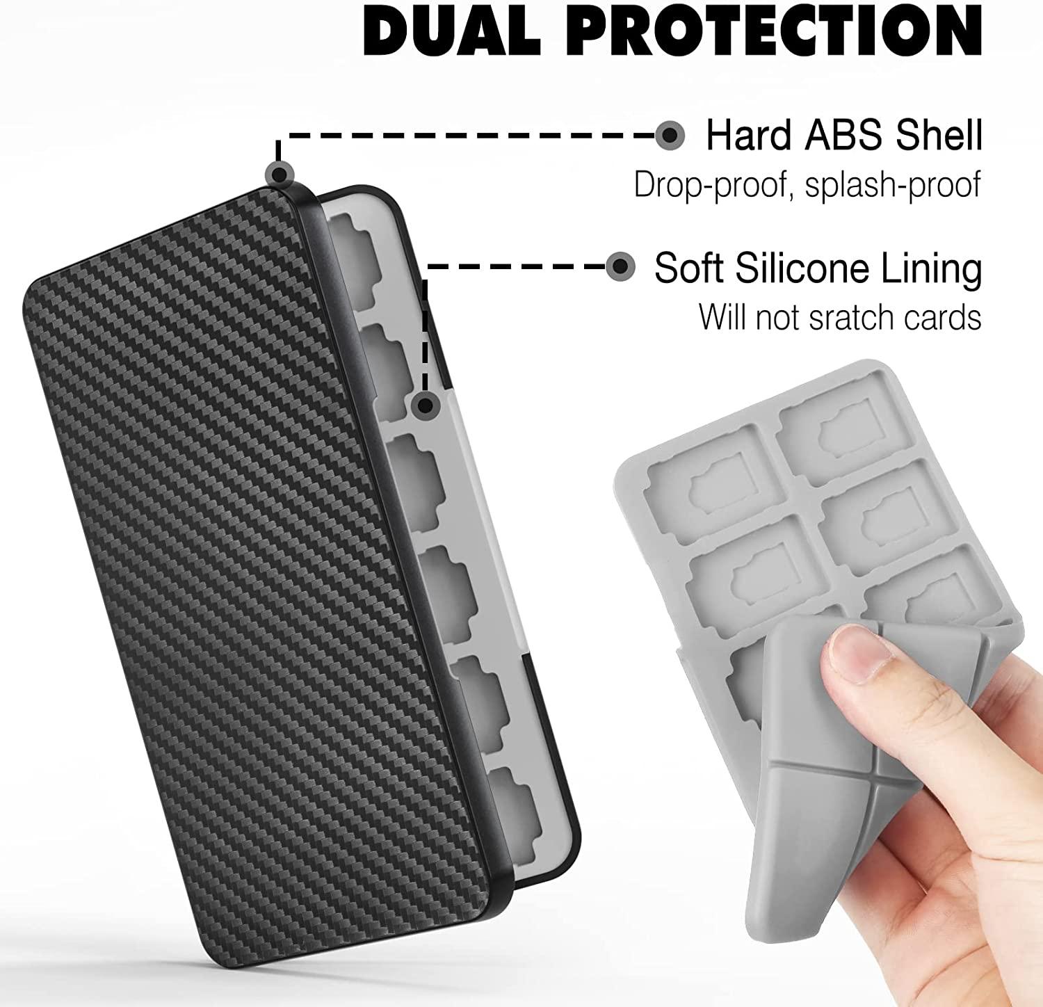 Hộp lưu trữ thẻ trò chơi tương thích với mô hình Nintendo Switch OLED/Switch/SwitchLite Hộp bảo vệ bộ nhớ 24 khe với sợi carbon đen